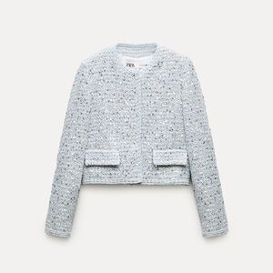 NWT $170 Zara Limited Edition Tonal Sequin Light Blue Cropped Jacket Size M
